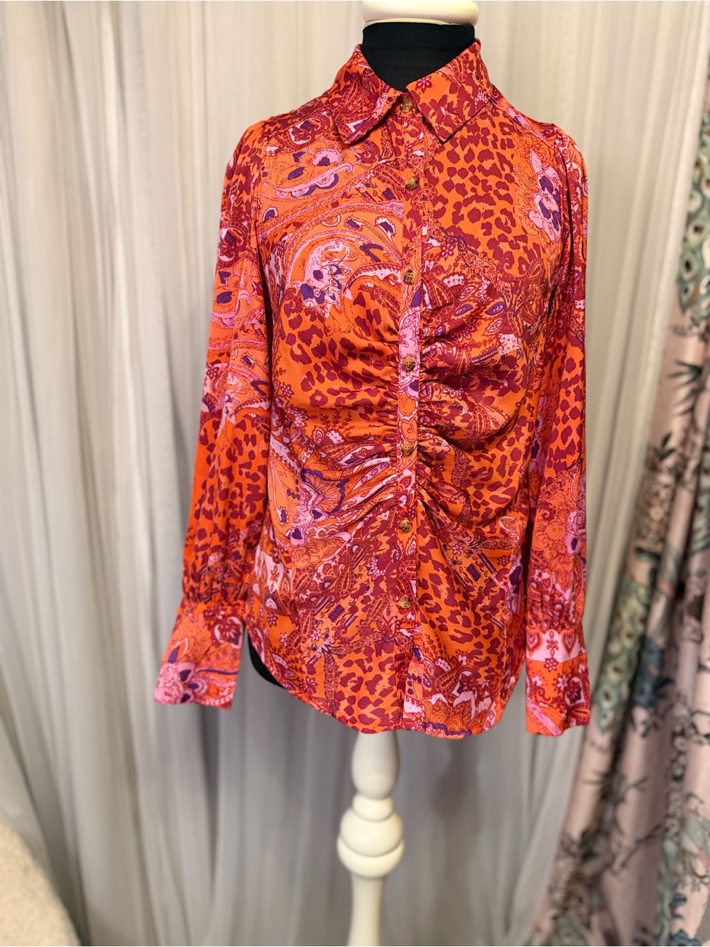 Free People XS Orange Paisley Leopard Ruched Button Down Blouse Boho